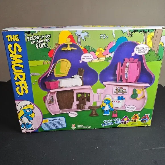 NIB Smurfette Mushroom House Articulated Playset 6 pc Jakks Pacific 2008 Smurfs